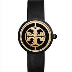 Tory Burch Reva Watch, black leather / gold tone